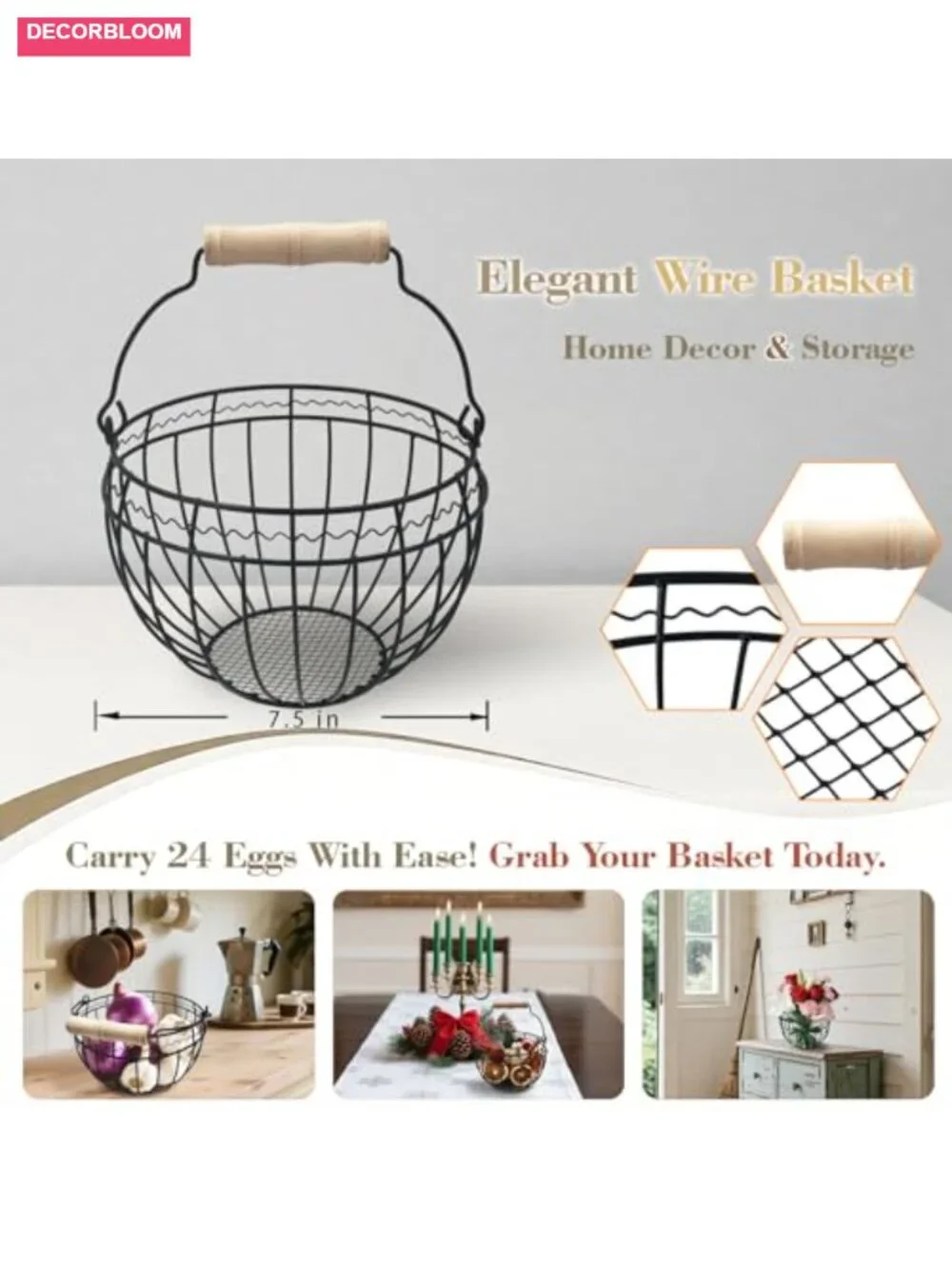 Wire Egg Basket Metal Wood Handle Holds 24 Eggs Farmhouse Kitchen